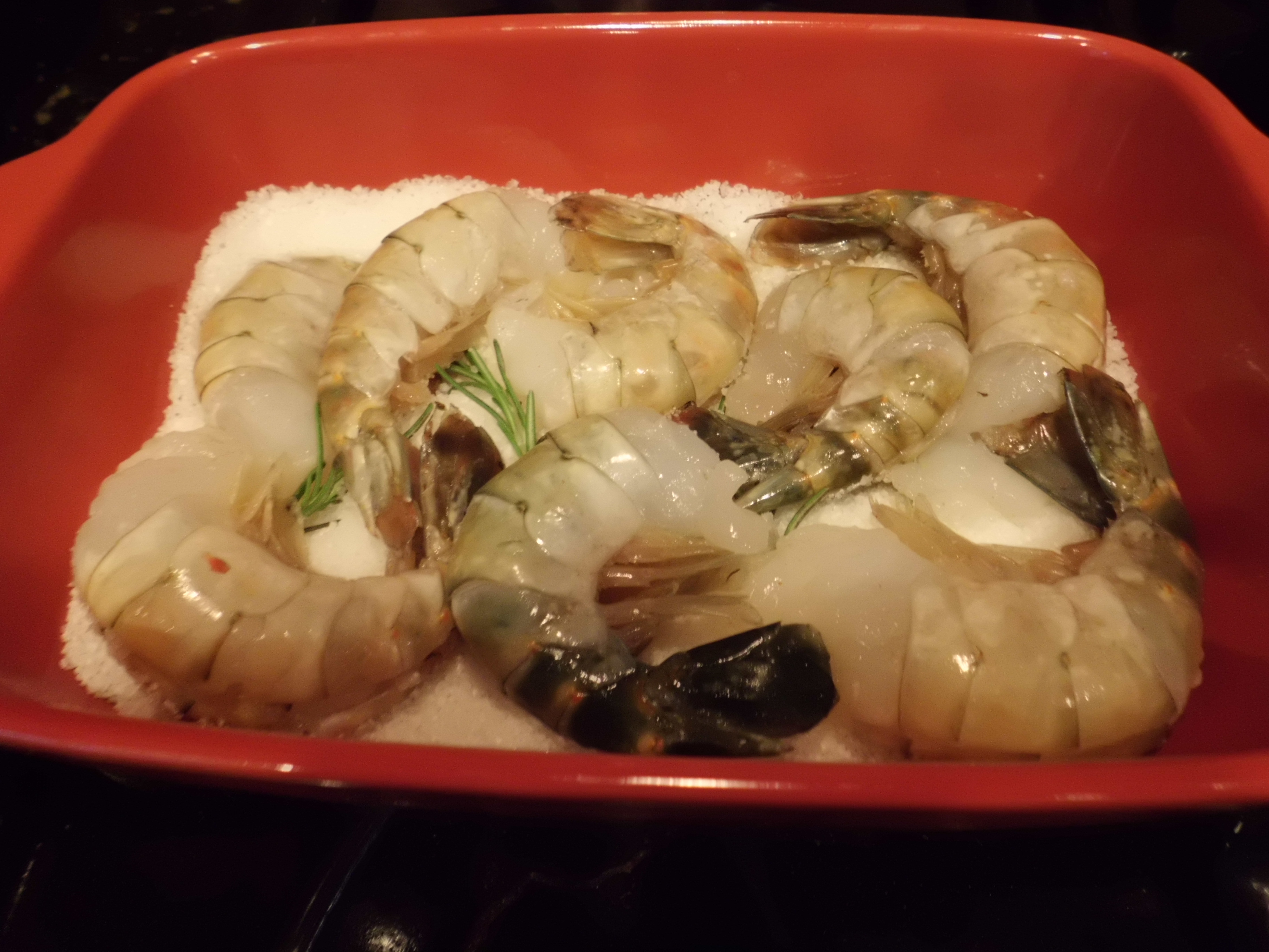 Jumbo Fresh Water Shrimp on Coarse Salt and Rosemary Bed
